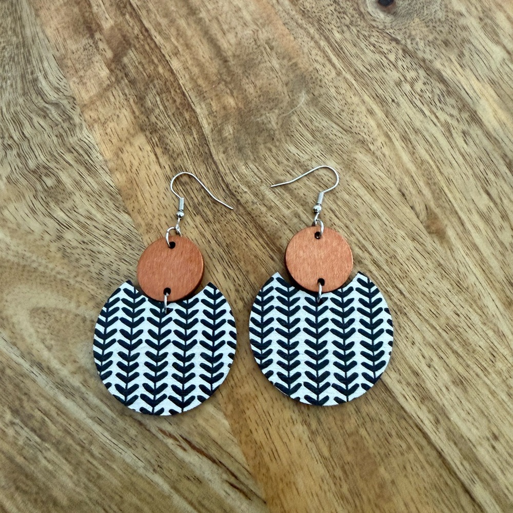 Black and White Patterned Wood Earrings